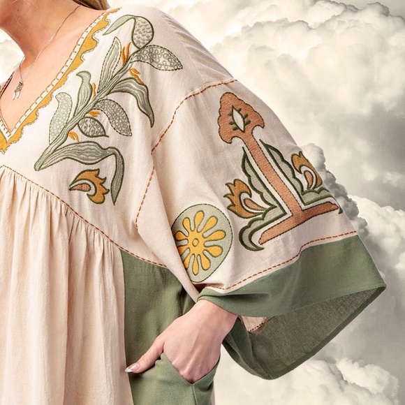 EASEL "Desert Flower" Xtra Full Comfy Linen-Look Embroidered Tunic Dress Pockets - Picture 6 of 15
